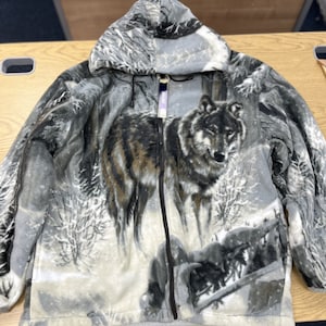Warm Winter Cosy Outdoor Fleece Wolf Print Jacket Grey Hood