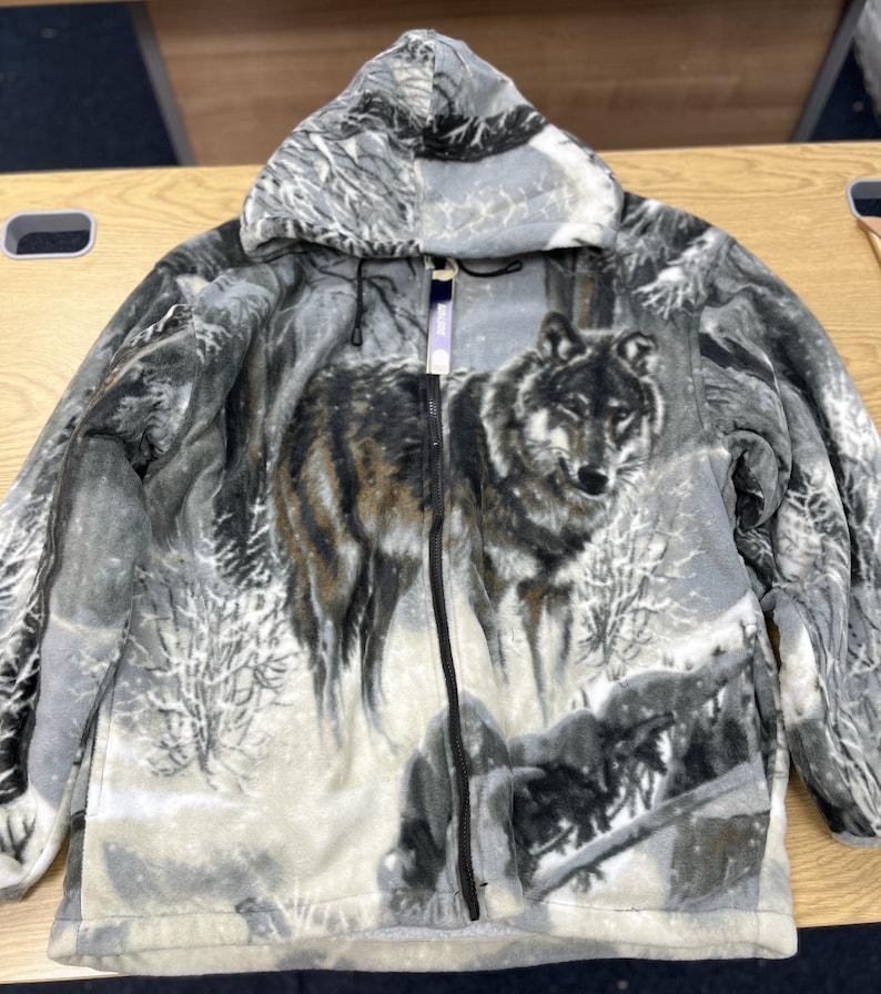 Warm Winter Cosy Outdoor Fleece Wolf Print Jacket Grey Hood