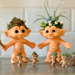 Upcycled Treasure Troll Doll Figurine faux Succulent  Planter made from 1990s vintage troll’s…. a nostalgic gift for gardeners!