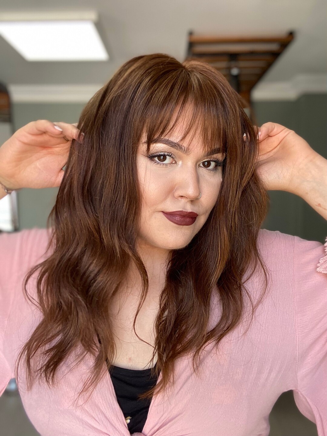 Dark Brown Highlight Human Hair Medical Wigs No Slip Silicone