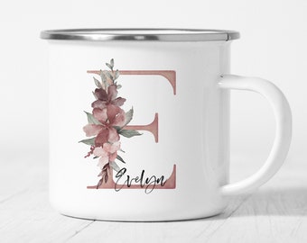 Enamel Mug Personalized Letter Cup With Name And Flowers Birthday Gift