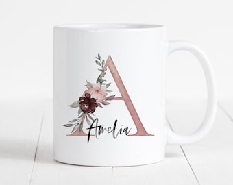 Letter Mug Personalized Name Ceramic Mug With Flowery Initial Letter Gift For Girlfriend