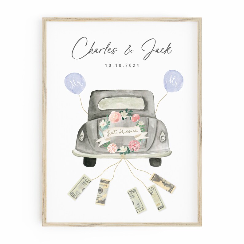 Wedding Money Gift Personalized Poster With A Car Just Married Cash Gift Idea afbeelding 3