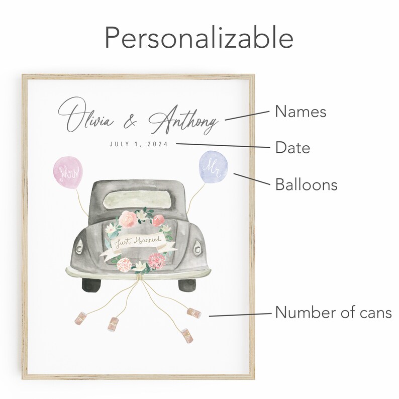 Wedding Money Gift Personalized Poster With A Car Just Married Cash Gift Idea afbeelding 2