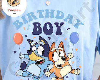 Bluey Birthday Boy PNG, Dog Family Kids Party Shirt, Cartoon Birthday Design, Bluey Boy PNG Digital Download