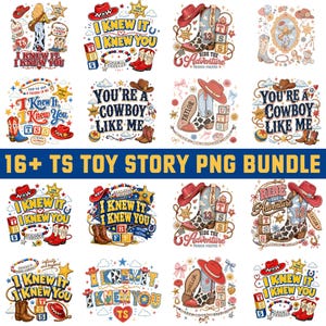 Puede incluir: Una colecci&oacute;n digital de diecis&eacute;is dise&ntilde;os gr&aacute;ficos con botas de vaquero, sombreros, bloques de letras y estrellas. Las ilustraciones incluyen textos como I KNEW IT, I KNEW YOU, RIDE THE ADVENTURE y YOU'RE A COWBOY LIKE ME en varios colores.