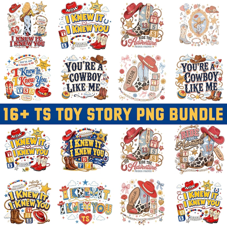 Puede incluir: Una colecci&oacute;n digital de diecis&eacute;is dise&ntilde;os gr&aacute;ficos con botas de vaquero, sombreros, bloques de letras y estrellas. Las ilustraciones incluyen textos como I KNEW IT, I KNEW YOU, RIDE THE ADVENTURE y YOU'RE A COWBOY LIKE ME en varios colores.