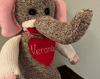 Elephant, Red Heel Sock Elephant,  Gift, One of a Kind, Handmade, LOVED by ALL Ages, Adorable, Embroidered Face, Personalized custom heart.