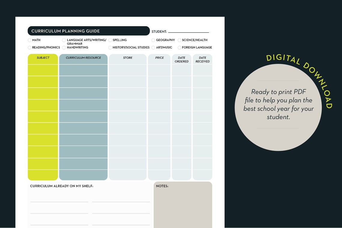 Curriculum Planning Guide, Digital Download, PDF, Homeschool Planner Etsy
