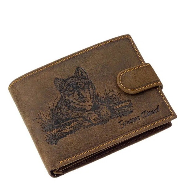 Real leather wallet wolf, gift for men and women, bifold, engraved, 3d wallet, Father's day, Mother's day gift, handmade wallet