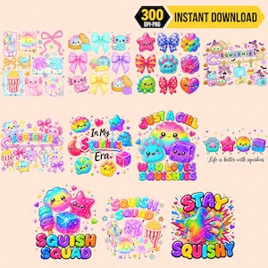 Peut inclure: Une collection numérique de graphismes colorés de style kawaii représentant des squishies, des arcs-en-ciel, des étoiles et des nœuds. Les textes incluent "SQUISHIES", "In My Squishies Era", "JUST A GIRL WHO LOVES SQUISHIES", "Life is better with squishies" et "SQUISH SQUAD".