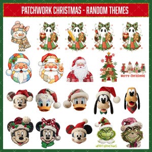 Può includere: Un foglio digitale di illustrazioni natalizie in patchwork con un pupazzo di neve, fantasmi, Babbo Natale, un albero e vari personaggi dei cartoni animati con cappelli festivi. Il testo in alto recita PATCHWORK CHRISTMAS - RANDOM THEMES.