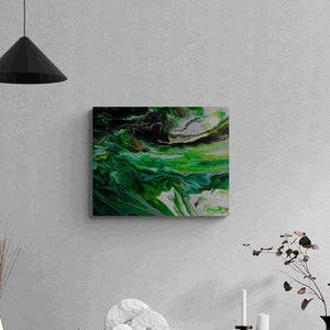 Beautiful Multicoloured Green, Black, White and Silver Grey Acrylic Fluid Pour Painting 30.5 x 25.5cm Canvas