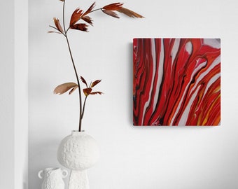 Wunderschönes, Mehrfarbiges Rot, Weiss und Gelb Acryl Gemälde auf Leinwand 20x20cm
