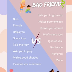 Good vs Bad friends poster - PRINTABLE Emotional Learning Social Skills, Speech Therapists for Student Counseling Groups