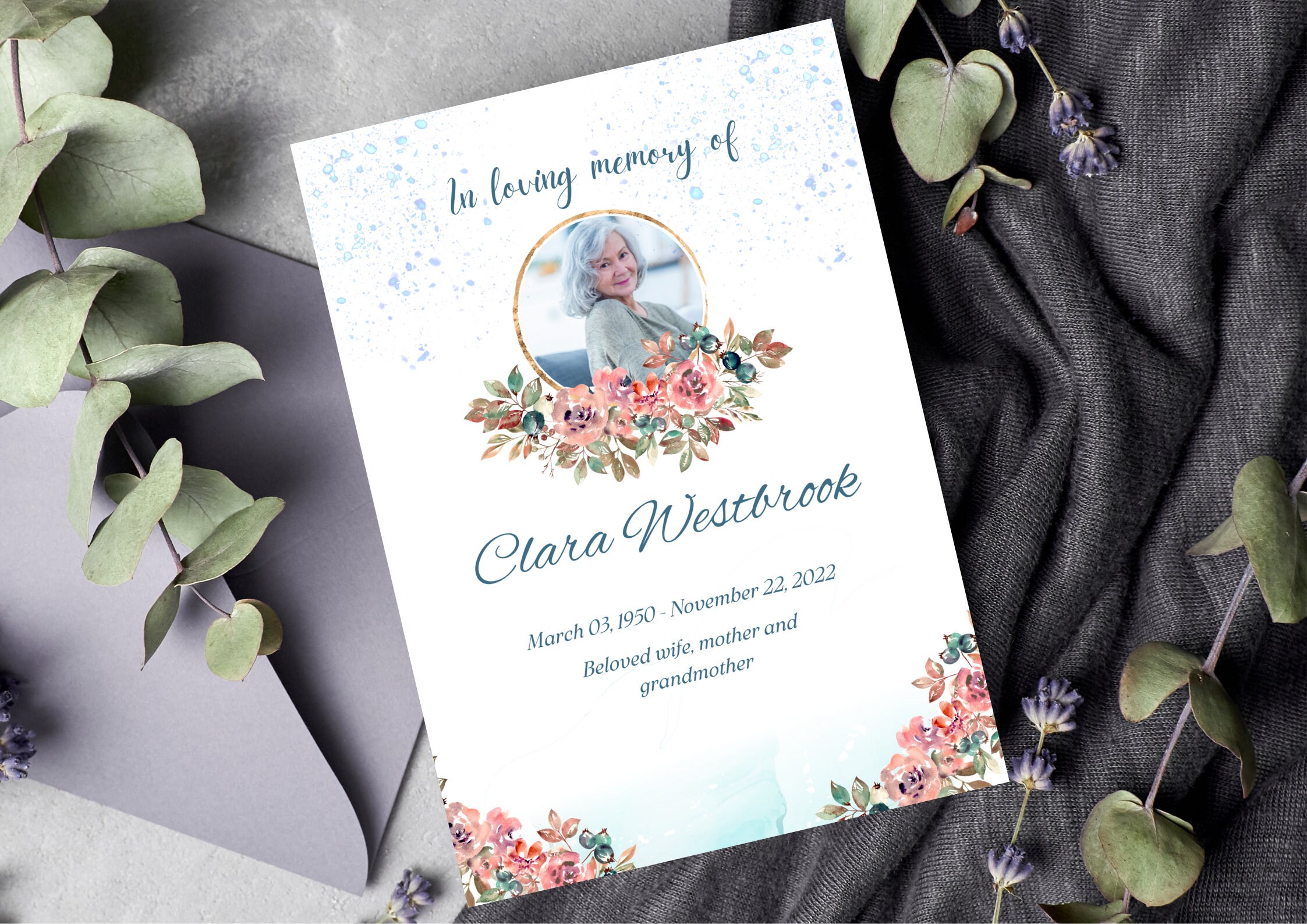 Floral Funeral Program Template, Memorial Service Announcement
