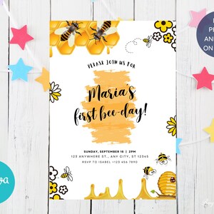 Our Little Honey Bee Birthday Party Invites, Bee-Day Invitation, Bee Party Invitation, Bumble Bee Theme, Floral Bee Invite, Instant Download