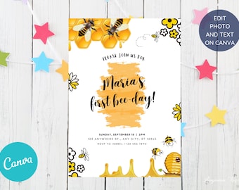 Honey Bee Birthday Party Invitation, Floral Bee Theme (Instant Download)