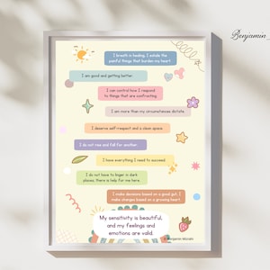 Afirmações Positivas | Lembretes gentis | Imprimir Saúde Mental Bem-Estar Arte Terapia Escritório Escola Conselheiro Pôster Amor Próprio Compaixão