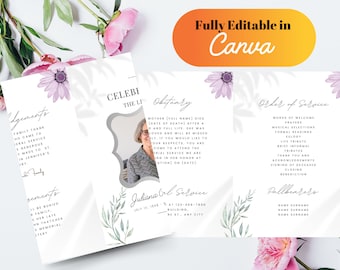 Floral Funeral Program Template, Editable Obituary (Printable)