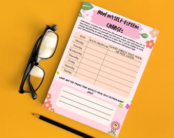 Self-Esteem Journal Printable Worksheet, Mental Health Tracker (Digital Download)
