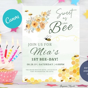 Modern Bee First Birthday Invitation, Editable Floral Invite, Printable Bee Birthday, Girls Birthday Invitation Template, Sweet to BEE One