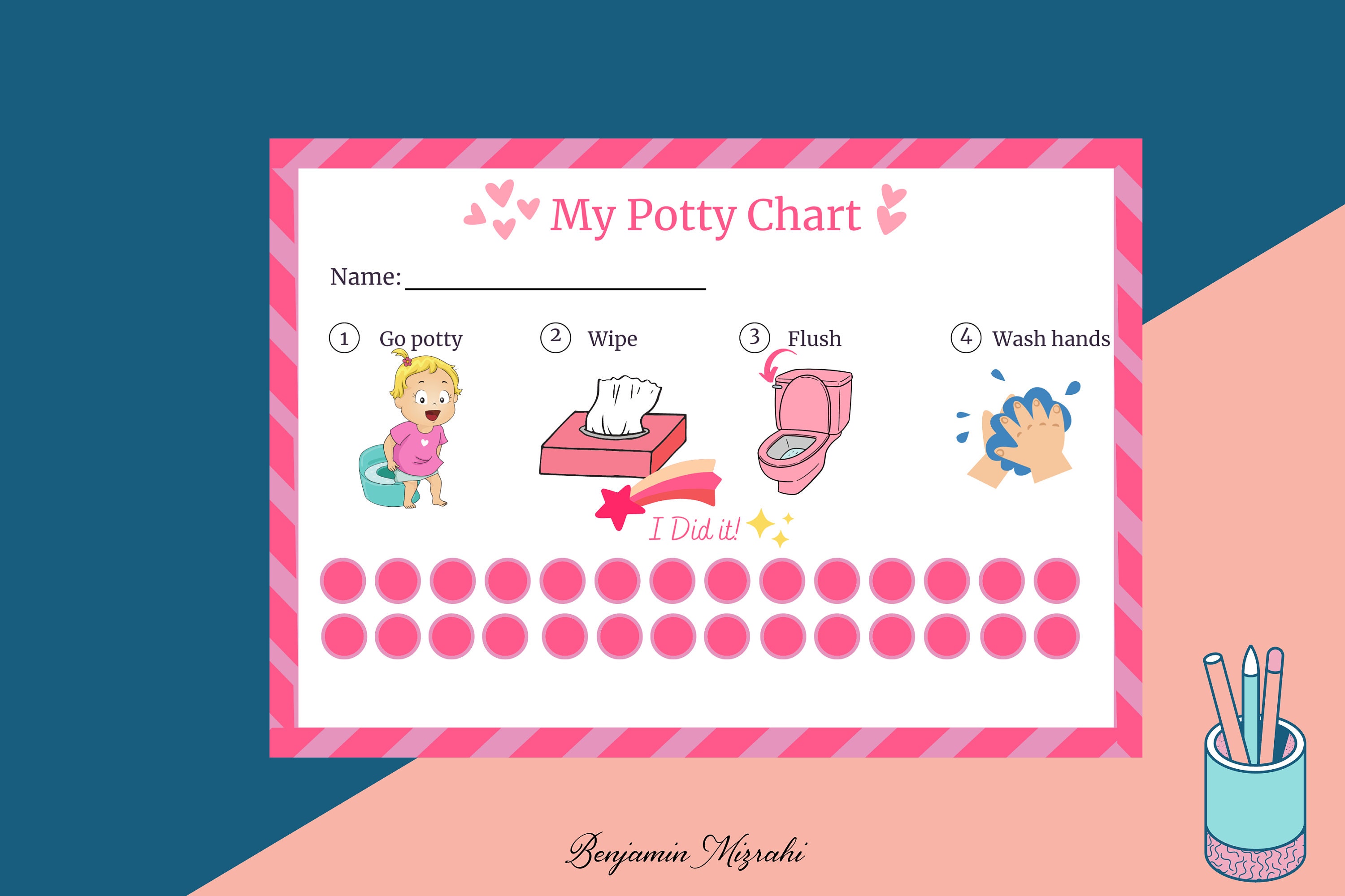 Pink Heart Tone Potty Training Chart for Kids Step by Step Toilet ...