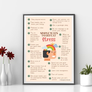 Simple Ways to Defeat Stress | Tips for Coping with Stress | Stress Relievers | Manage and Relieve Stress Poster | Wall Decor