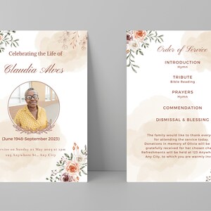 Editable Memorial Program, Elegant Funeral Program Template For Man Woman, Floral Memorial Program Editable, Funeral Obituary Template