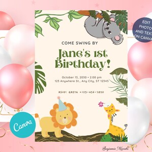Editable Jungle Birthday Invitation| Birthday party| Digital Download| Edit with Canva| Animals | Kids Birthday Invite Editable Template