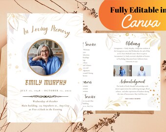 Floral Funeral Program Template, Elegant Memorial Obituary (Editable)