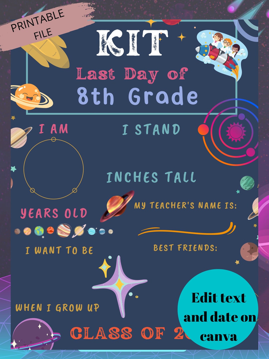 Last　Boy　Etsy　or　8th　Editable　Grade　of　School　First　Girl　Day　or