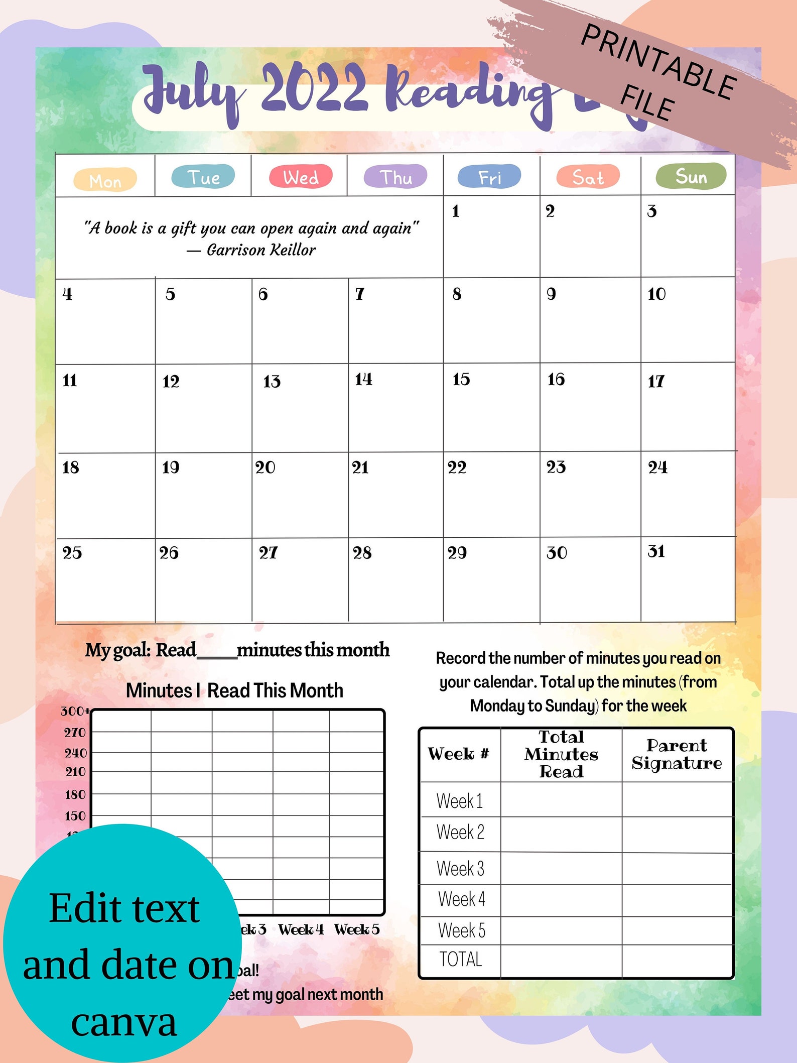Kids Reading Log, Printable Kid Journal, Learning Incentive, Instant ...