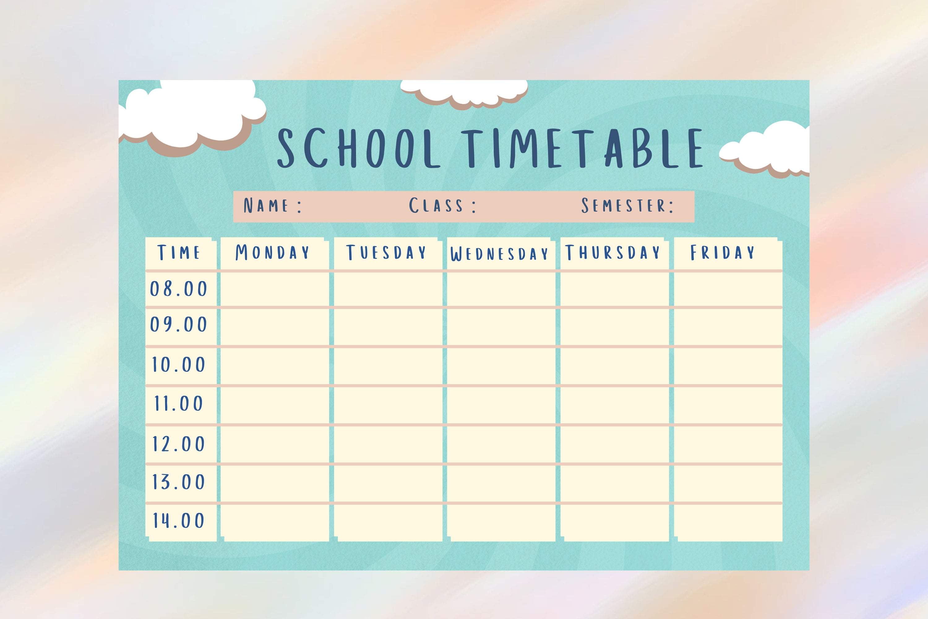 Editable School Timetable for Kids Cloud Theme Printable School ...