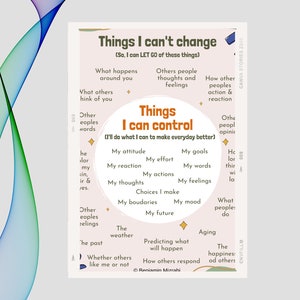 May include: A motivational poster with the text "Things I can't change" and "Things I can control." The poster is beige with a colorful abstract design in the upper left corner. The text is in a mix of fonts and sizes.