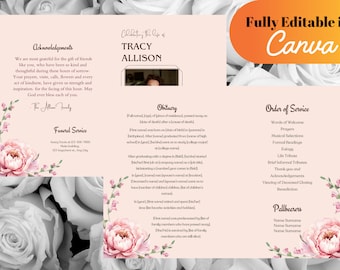 Pink Floral Funeral Program Template, Celebration of Life (Printable)
