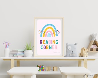 Reading Corner Printable Poster | Rainbow Classroom Decor | Library Wall Art for Kids | Reading Nook Sign Digital Download