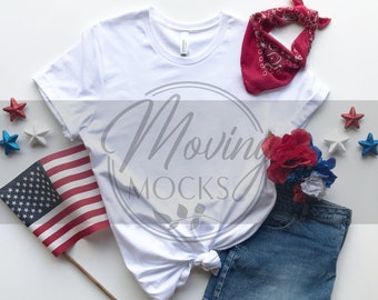 White Bella Canvas 3001 Mockup, Maqueta del 4 de julio, Maqueta del Día de la Independencia, White 3001 Flat Lay, Patriotic Mockup, Flat Lay T shirt Mockup