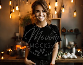 Bella Canvas 3001 Black T Shirt Halloween Mockup, Black 3001 Halloween Model Mockup, 3001 Halloween Shirt Mockup Black, Fall T shirt Mockup