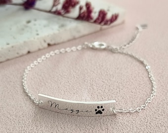 Pulsera personalizada con estampado de pata de mascota • Pulsera con pata real • Pulsera con nombre personalizado • Pulsera con barra • Pulsera grabada • Regalos conmemorativos para mascotas