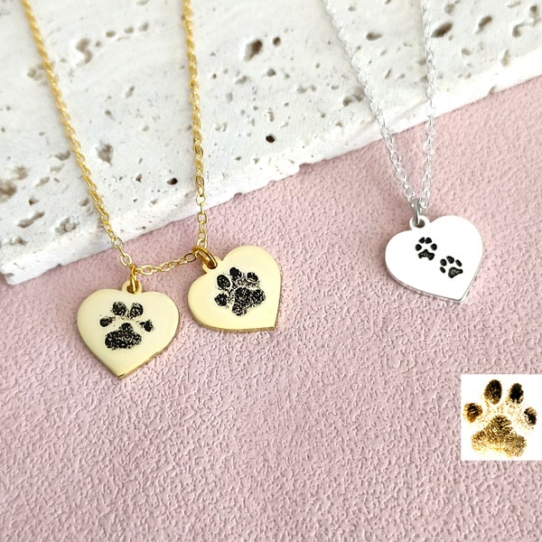 Custom Pet Paw Print Necklace • Actual Paw Engraving Necklace • Custom Pet Necklace • Heart Necklace • Pet Memorial Gifts