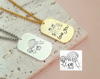 Customized Kids Drawing Necklace • Child Artwork Jewelry • Children's Drawing Necklace • Gifts For Dad • Men's Necklace