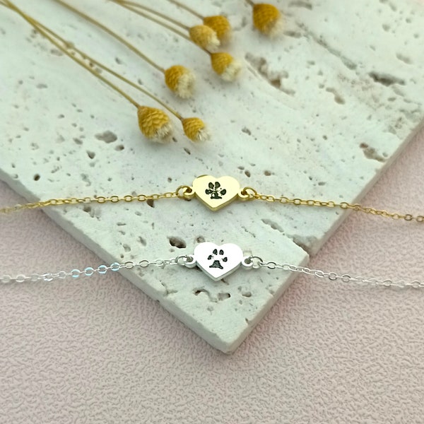 Custom Pet Paw Print Bracelet • Actual Paw Engraving Bracelet • Custom Pet Bracelet • Pet Memorial Gift • Heart Bracelet • Gift for Her