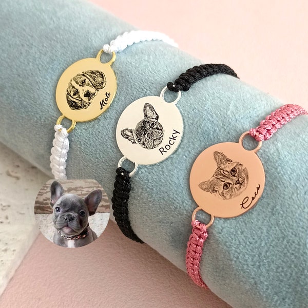 Pulsera de cuerda trenzada con foto de mascota personalizada • Pulsera con grabado de mascota • Pulsera de cuerda trenzada • Regalos conmemorativos para mascotas • Regalos de Navidad