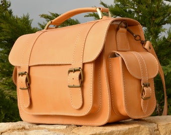 Handmade natural full grain leather briefcase bookbag schoolbag messenger bag from Greece