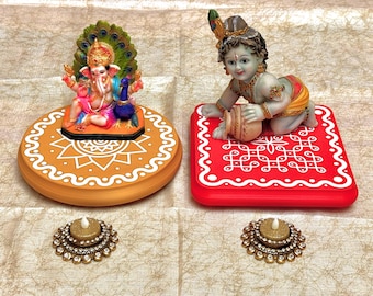 Large Pooja Display Stool with Rangoli Design 9 x 9 inch | Manai/Peeta/Platform | Kolam, Muggulu, Golu, Indian Festival Décor, Mandir Stand