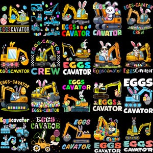 Könnte beinhalten: Eine Sammlung farbenfroher Ostergrafiken mit Baumaschinen wie Baggern und Muldenkippern. Jedes Design enthält den Text "EGGS CAVATOR" oder ähnliches, mit Ostereiern und Hasenohren, die in die Designs integriert sind.