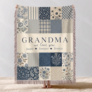 Manta tejida personalizada para abuela, tapiz de patchwork con nombres de nietos personalizados, regalo floral estilo cottagecore para abuela, regalo para Gigi