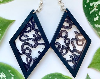 Tangled Snake Dangle Earrings: Black Acrylic & Wood, Halloween Jewelry