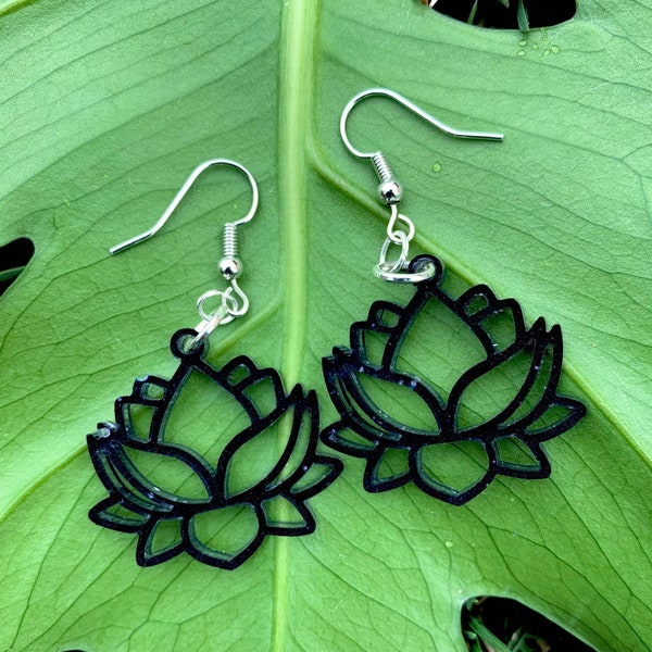 Black Lotus Dangle Earrings, Water Lily Themed Jewelry, Lightweight Floral Earrings